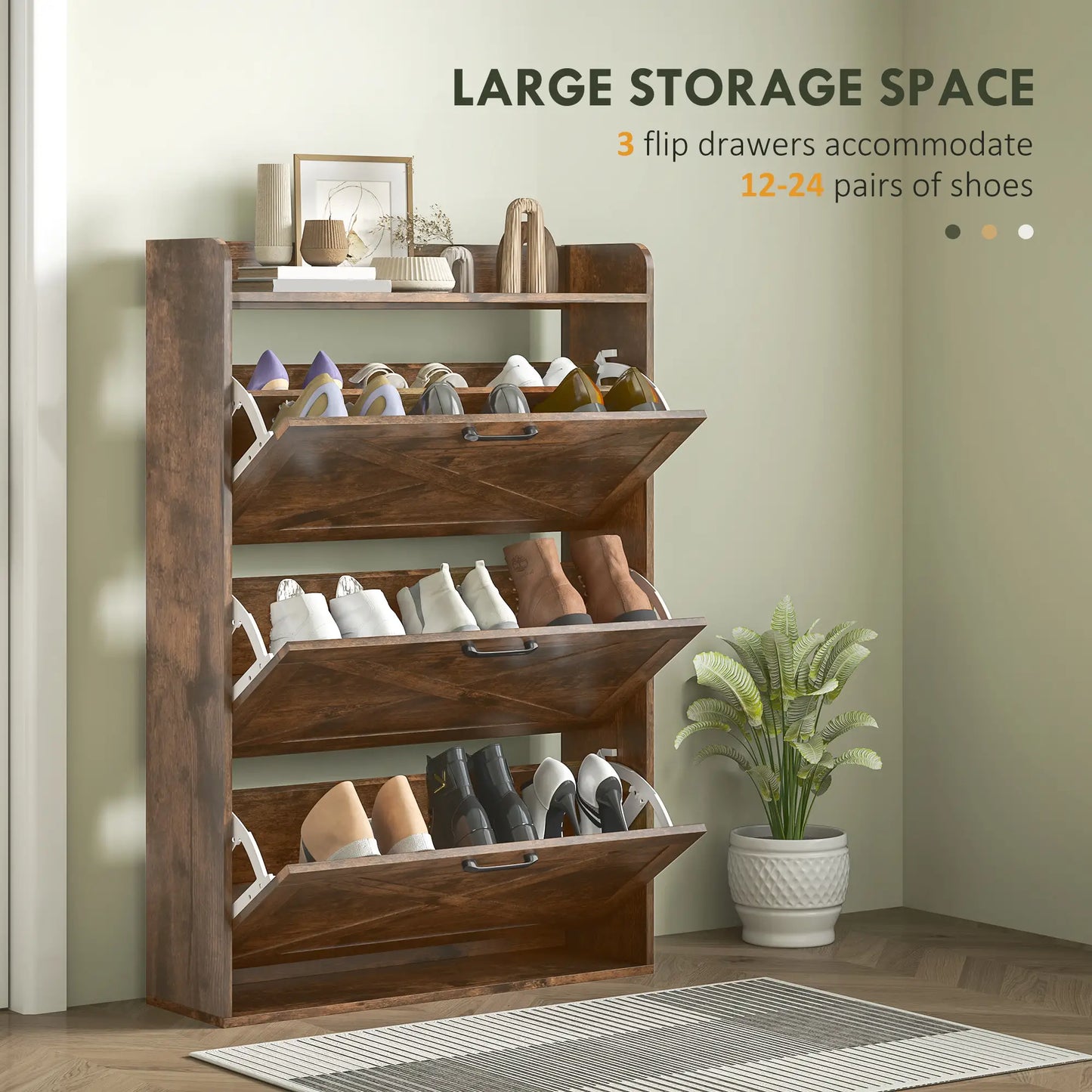 Narrow Shoe Storage Cabinet, 3 Flip Drawers, Adjustable Shelves, Rustic Brown Shoe Storage Cabinets & Racks at Gallery Canada