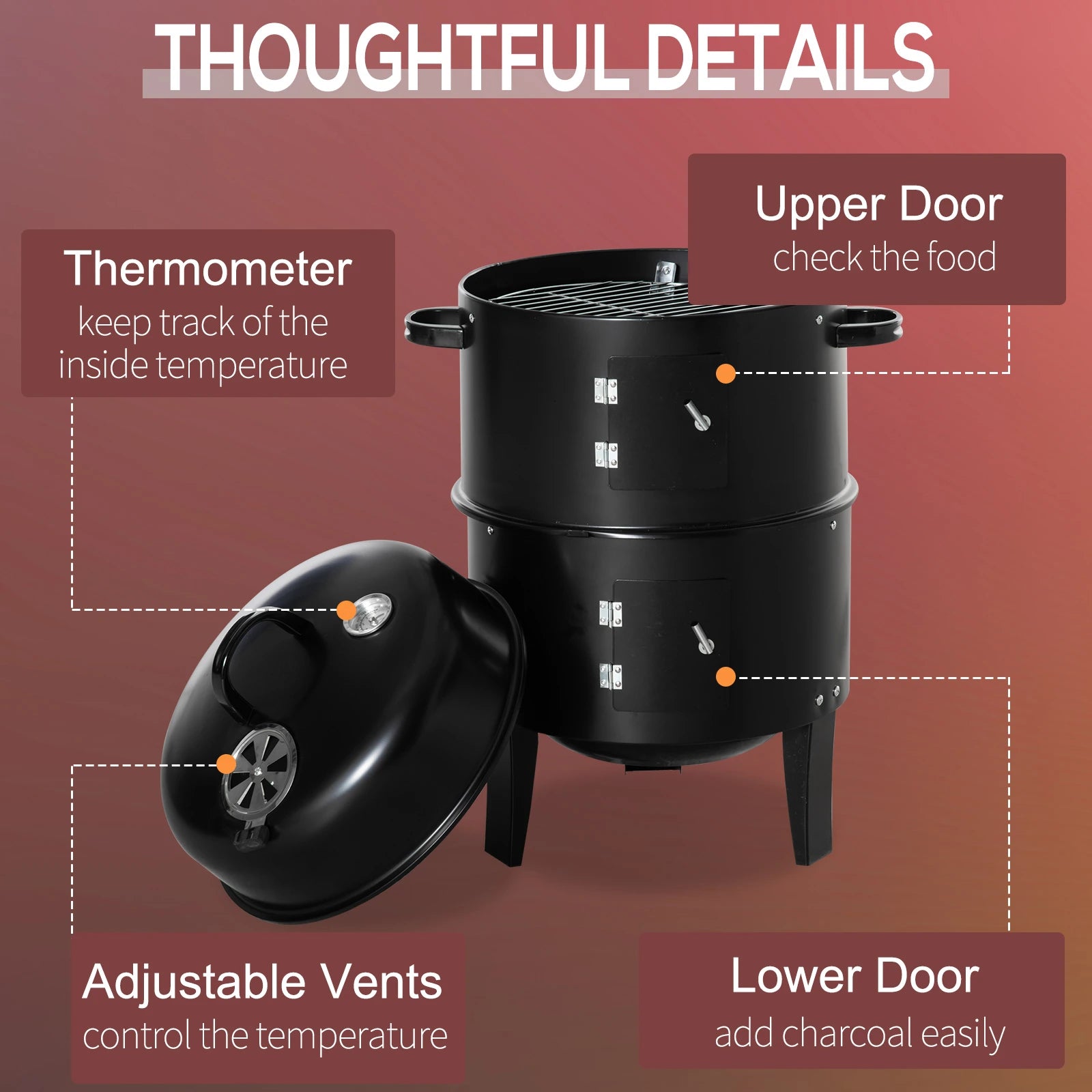 3-In-1 Vertical Charcoal BBQ Smoker, 16