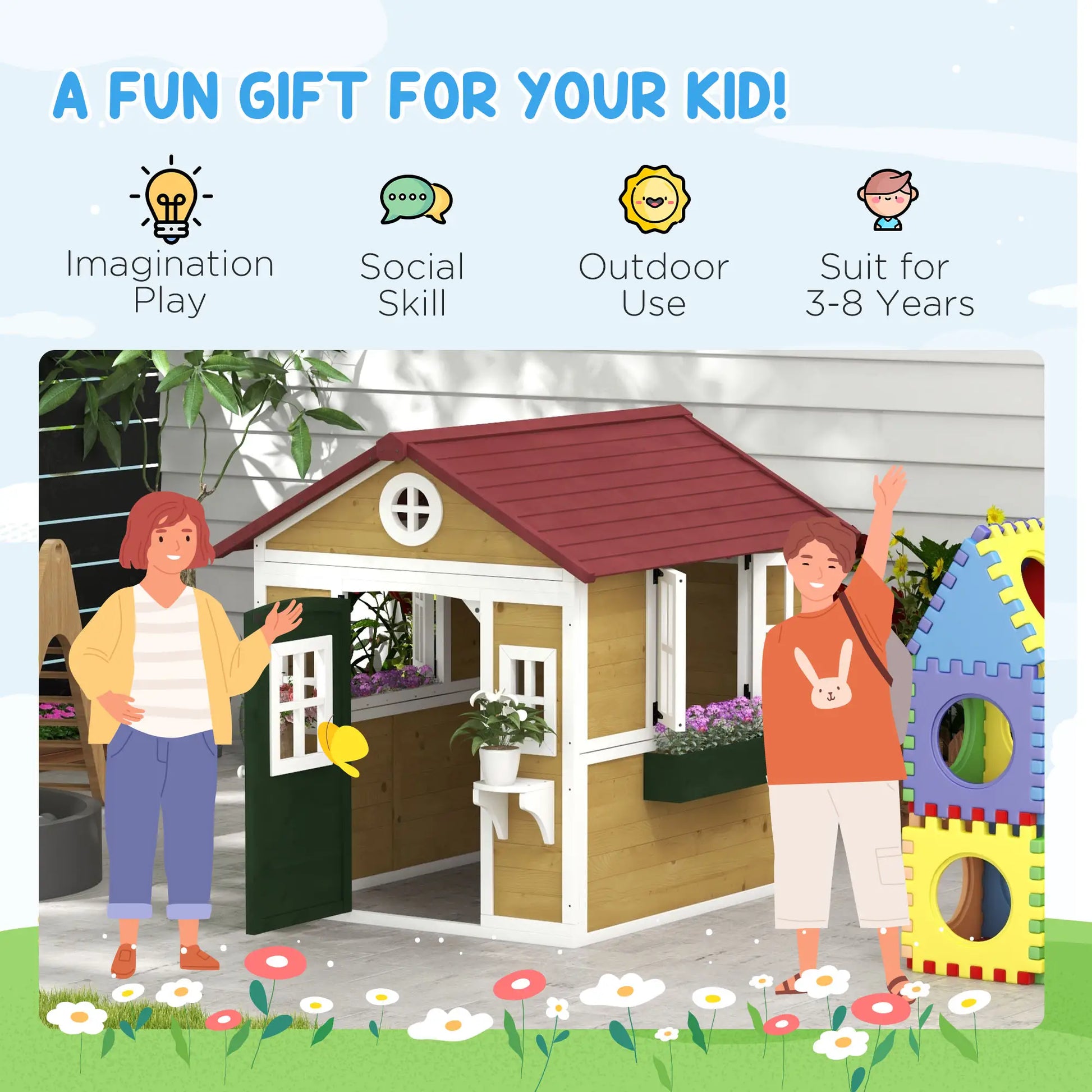 Wooden Playhouse for Kids, Outdoor with Door, Windows, Beige Play Houses at Gallery Canada