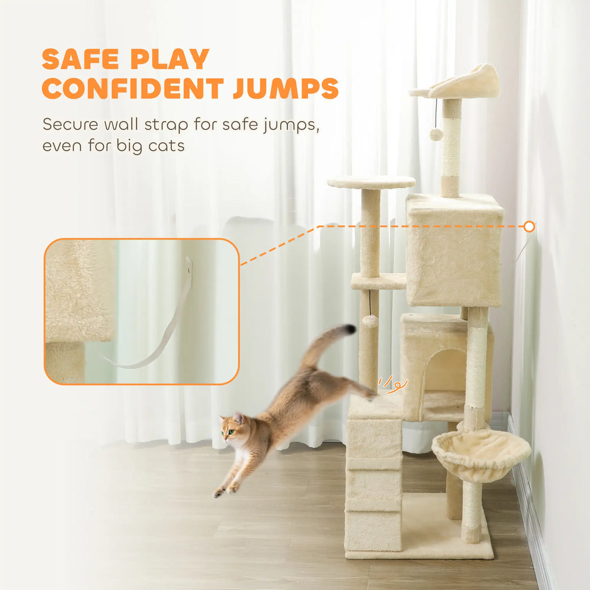 63 Inch Cat Tree, Sisal Scratching Posts, Condos, Perches, Hammock, Ladder, Beige