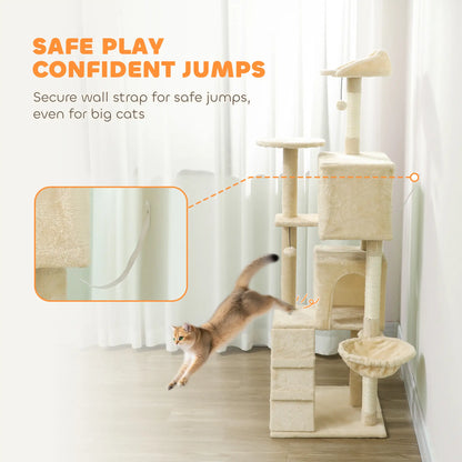 63 Inch Cat Tree, Sisal Scratching Posts, Condos, Perches, Hammock, Ladder, Beige