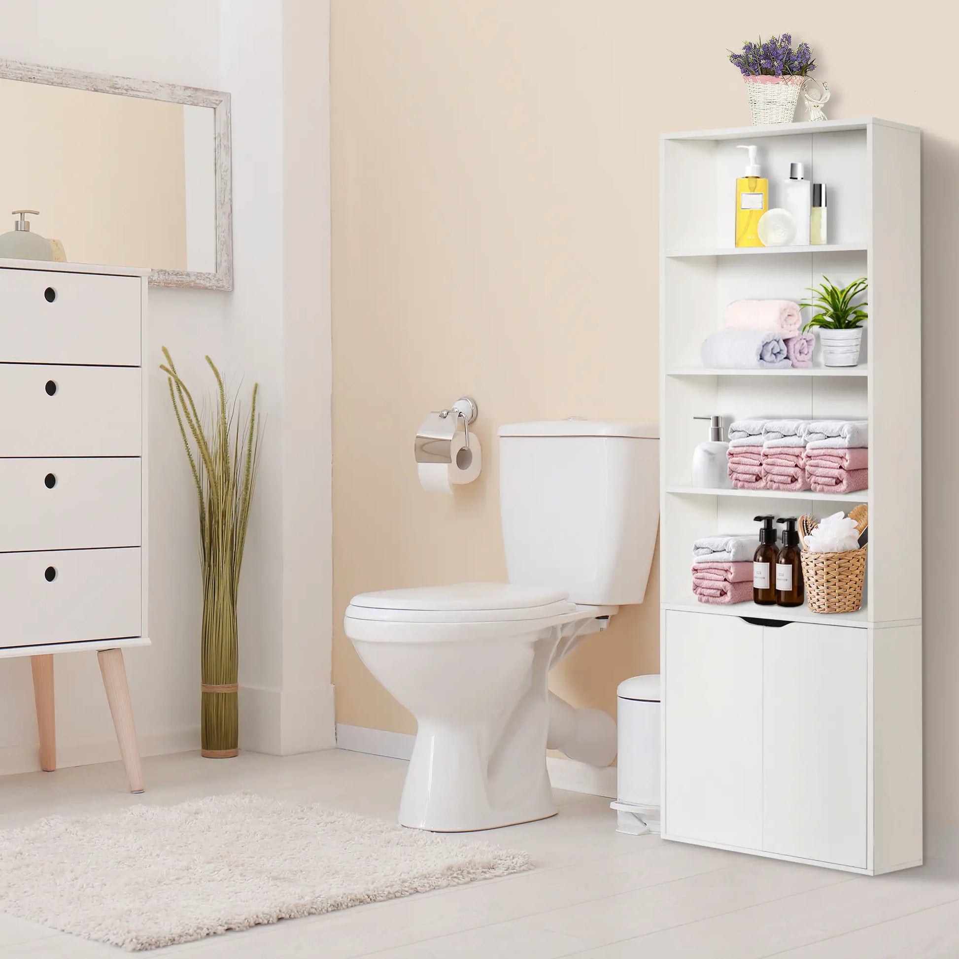 4-Tier Open Bookshelf with Doors, Home Office Bookcase, White White Bookshelves at Gallery Canada