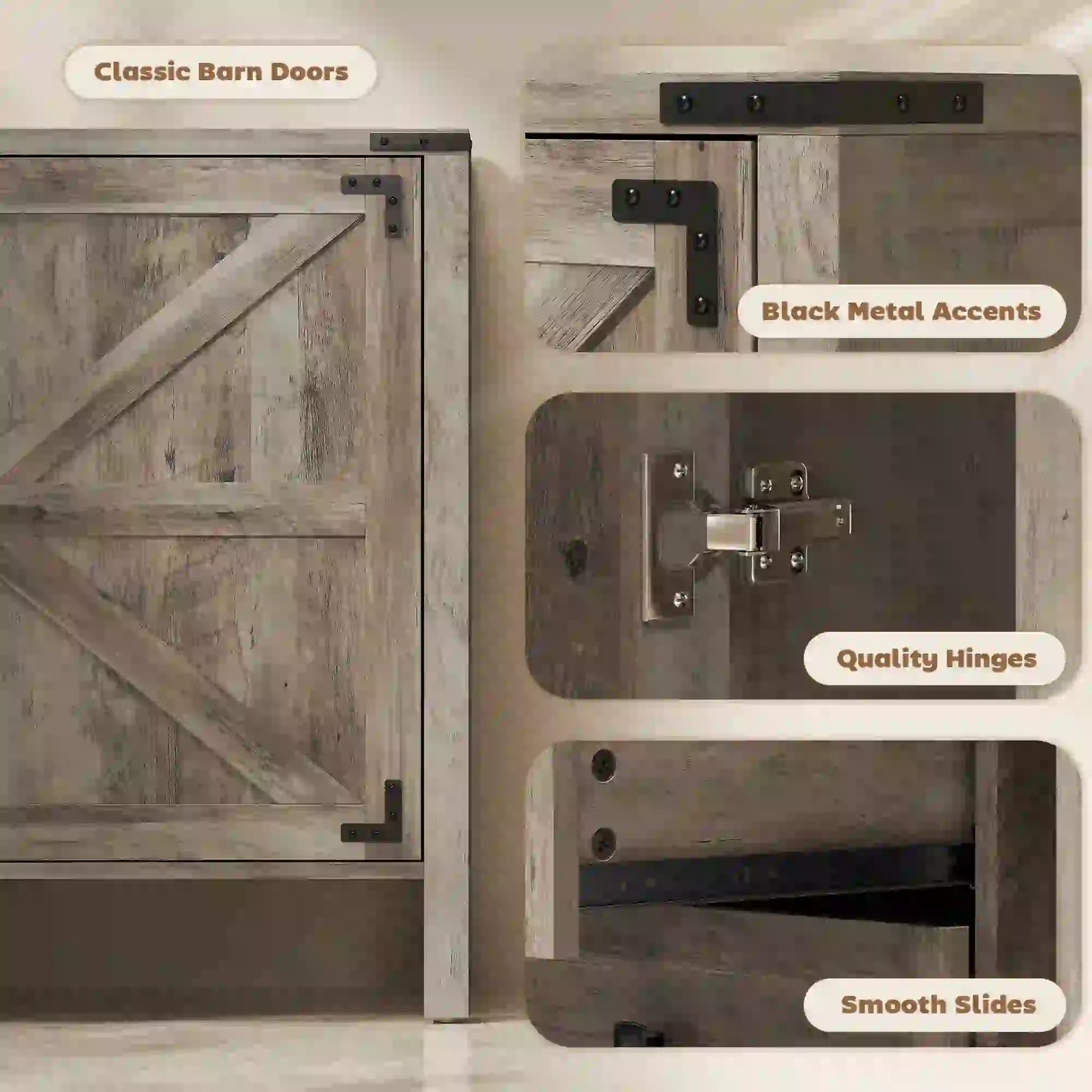 59" Buffet Cabinet, Farmhouse Sideboard, 2 Barn Doors, 4 Drawers, Grey Storage Cabinets at Gallery Canada