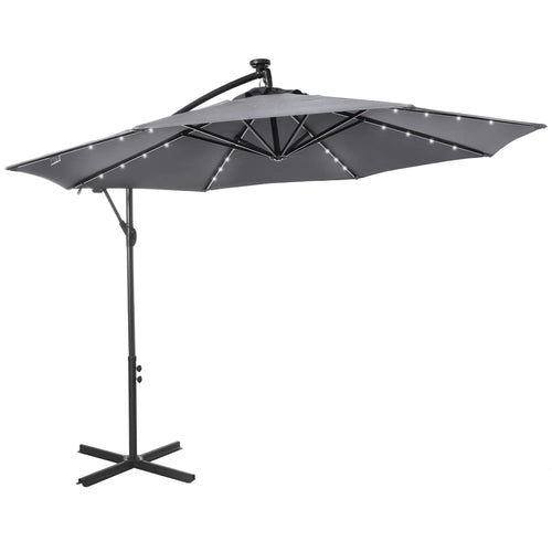 10ft Outdoor Cantilever Umbrella, Solar Lights, Adjustable Angle, Dark Gray