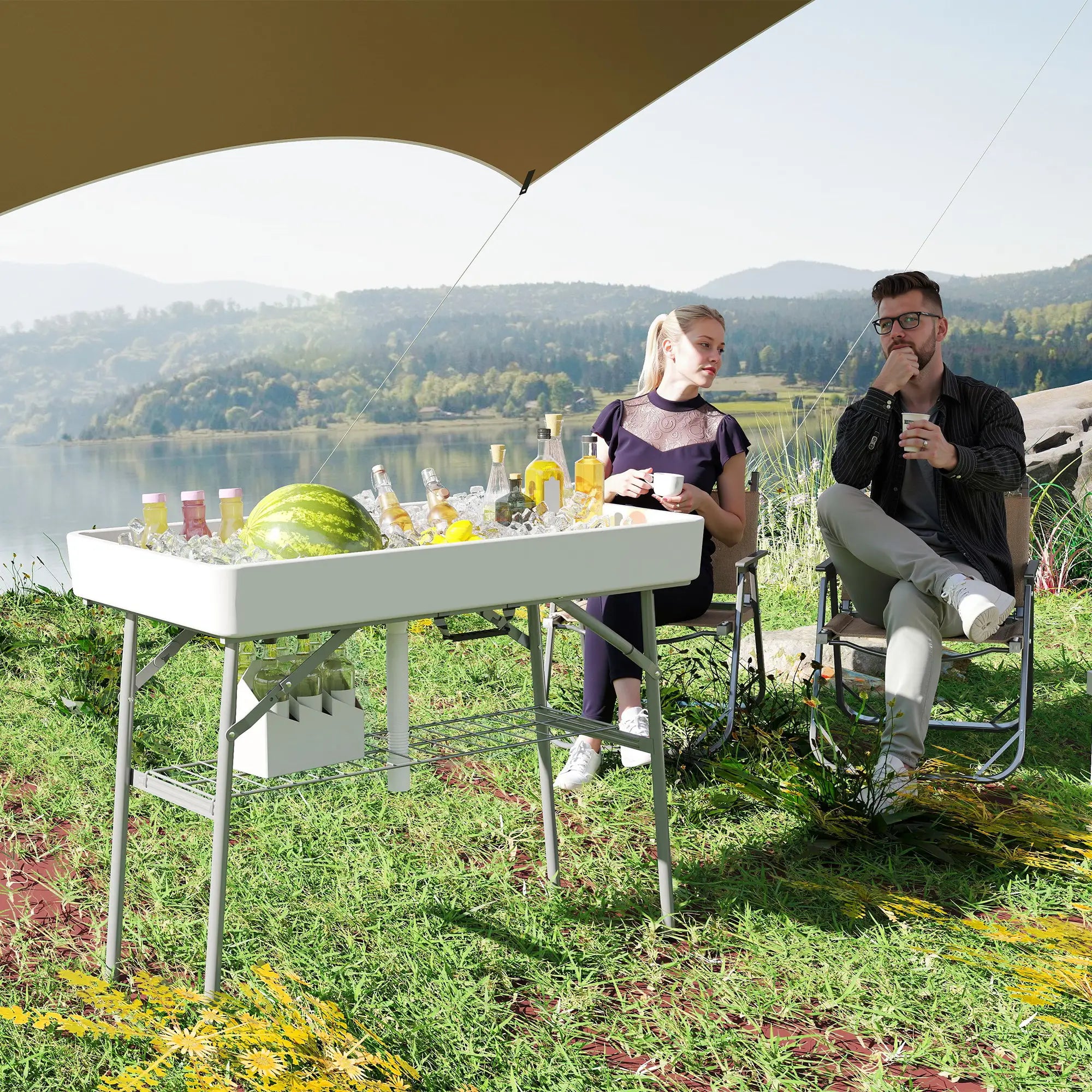 3.4ft Folding Ice Cooler Table with Drain, Outdoor Patio Party, White Picnic Tables & Camping Chairs at Gallery Canada