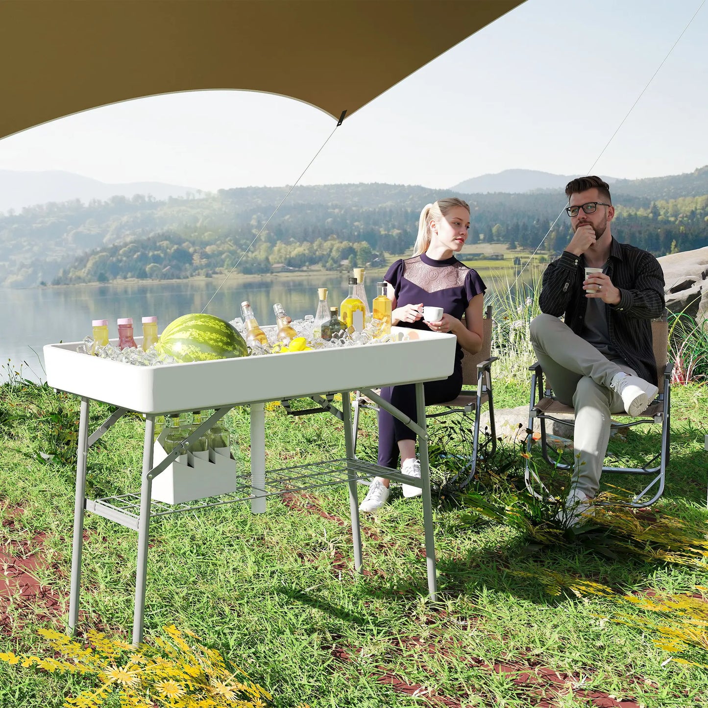 3.4ft Folding Ice Cooler Table with Drain, Outdoor Patio Party, White Picnic Tables & Camping Chairs at Gallery Canada