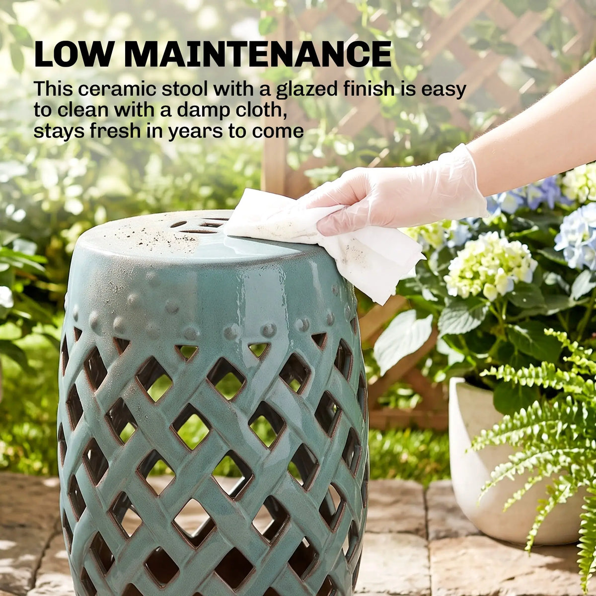 18" Ceramic Garden Stool, Woven Lattice Design, Indoor Outdoor, Blue Patio Chairs at Gallery Canada