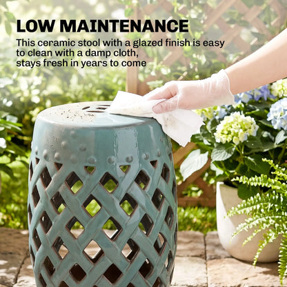 18" Ceramic Garden Stool, Woven Lattice Design, Indoor Outdoor, Blue Patio Chairs at Gallery Canada