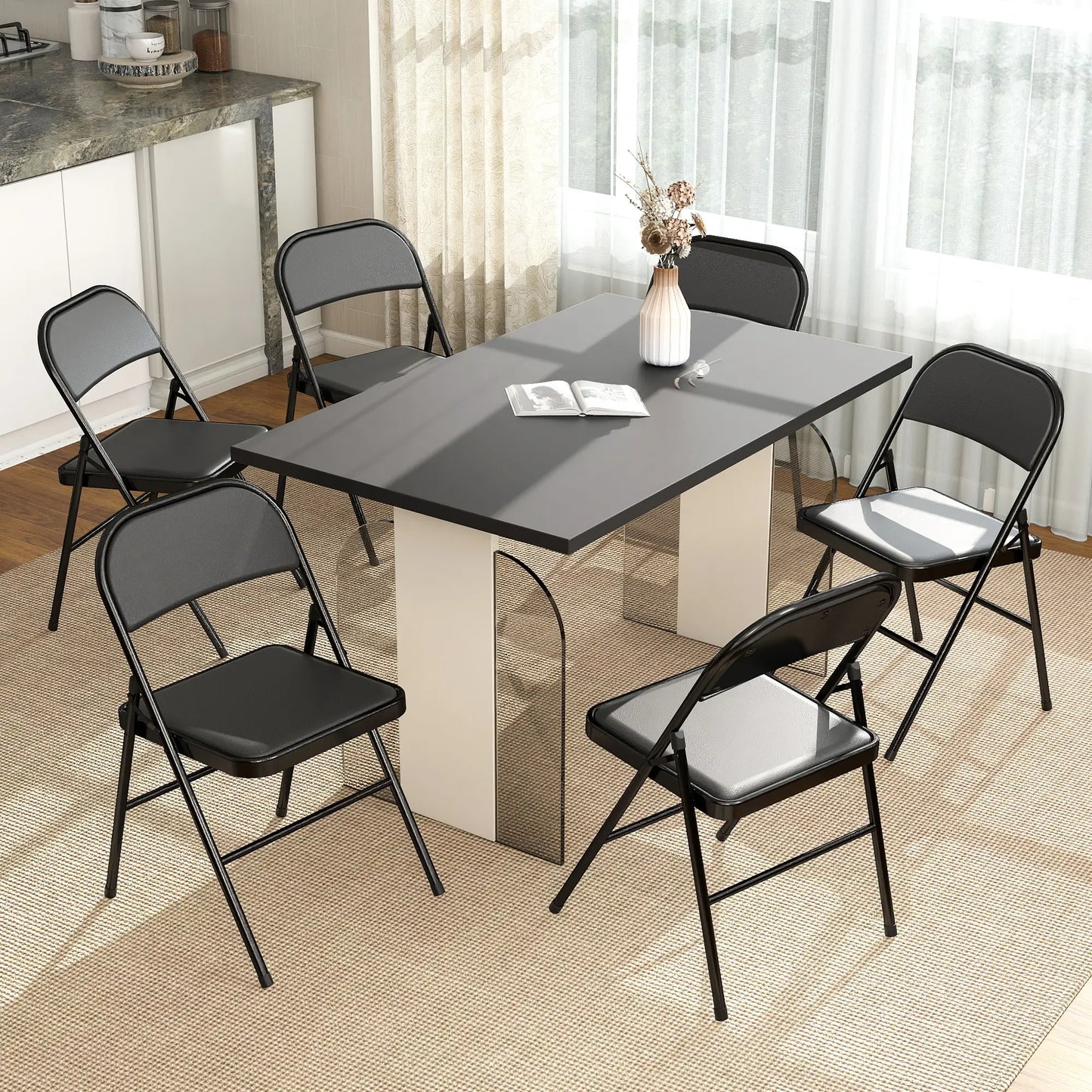 Set of 6 Metal Foldable Chairs, PU Leather Padded, Black Dining Chairs at Gallery Canada