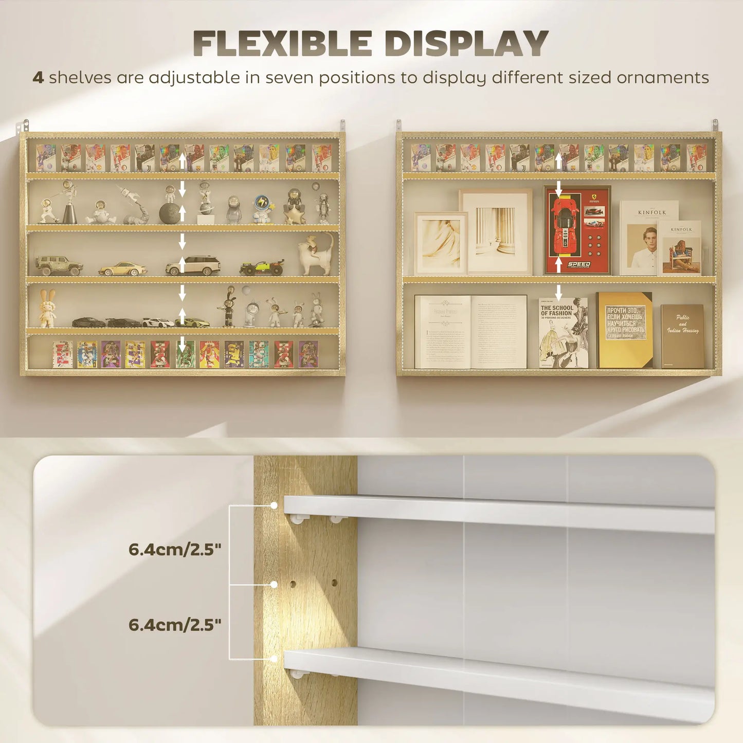 5-Tier Glass Display Cabinet, 2 Doors, 4 Adjustable Shelves, Oak Display Bookshelves at Gallery Canada