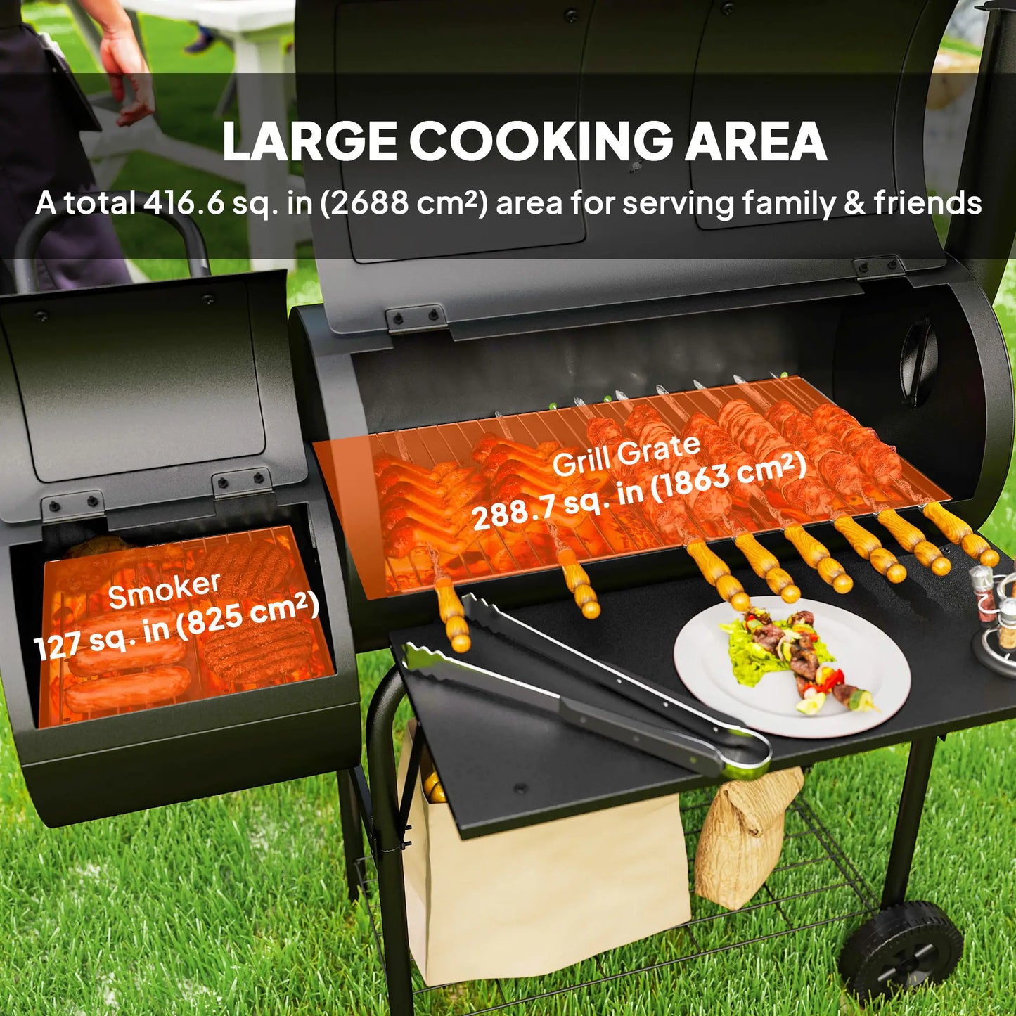 Portable Charcoal BBQ Grill With Offset Smoker, 2 Shelves, Thermometer, Wheels, Black Charcoal BBQ Grils at Gallery Canada