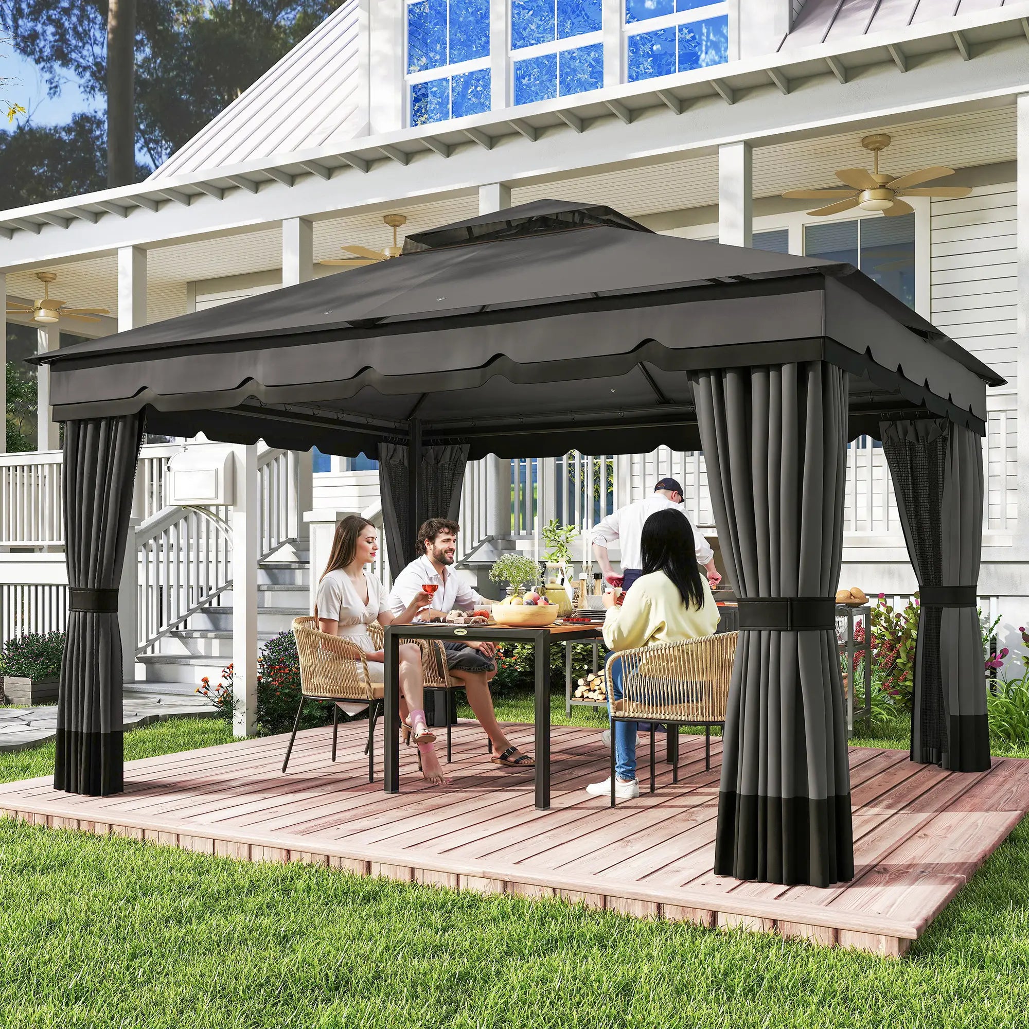 10' x 12' Double Roof Patio Gazebo Canopy With Netting, Curtains Gazebos at Gallery Canada