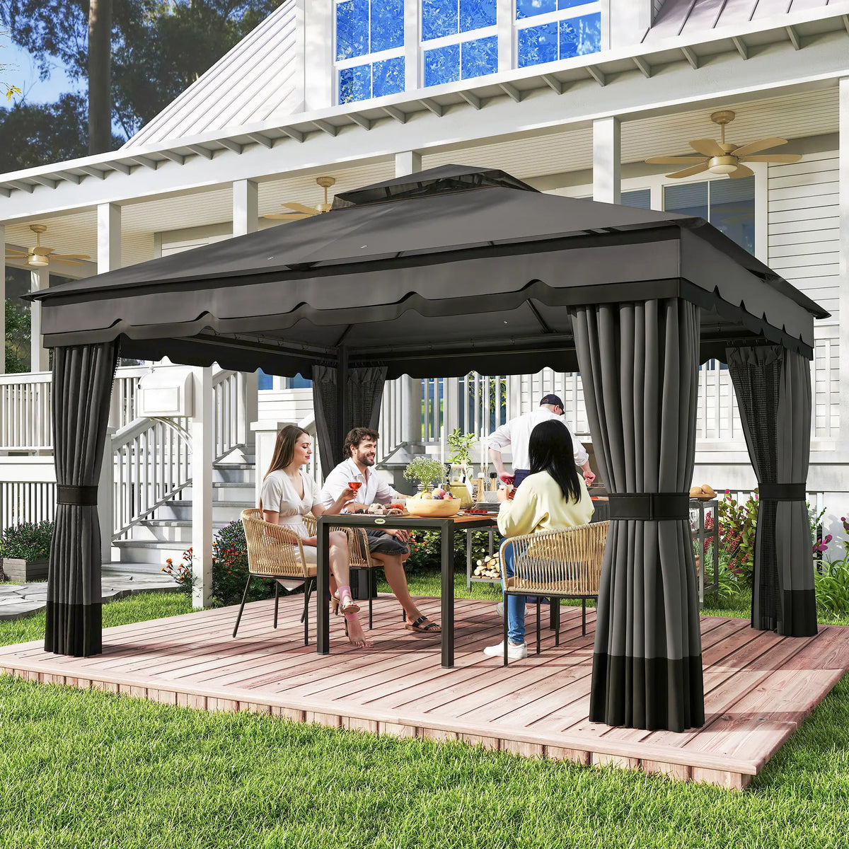 10' x 12' Double Roof Patio Gazebo Canopy With Netting, Curtains Gazebos at Gallery Canada
