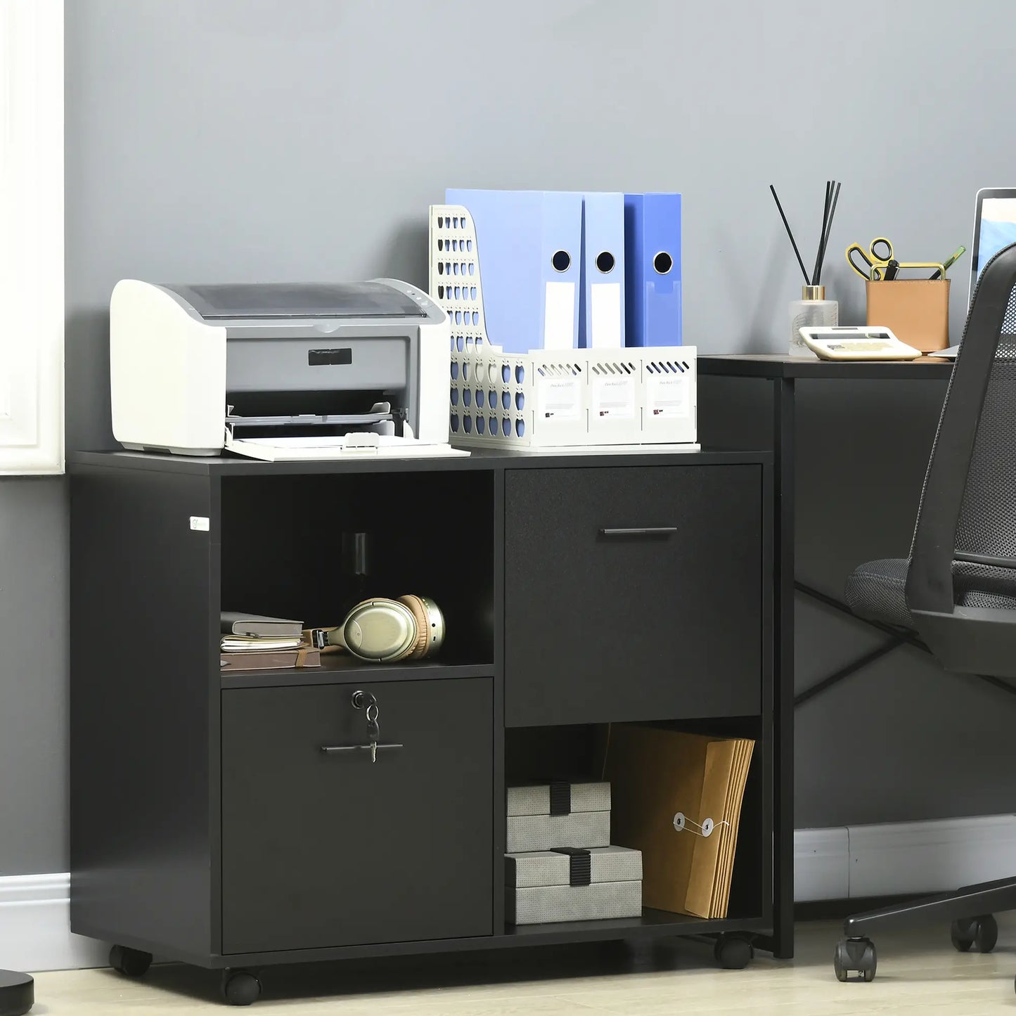 Mobile Printer Stand, Lateral File Cabinet with Lock, A4 Size, Black Office Cabinets & Cupboards at Gallery Canada