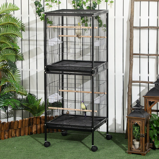 55.1" 2 In 1 Bird Cage Aviary Parakeet House for finches, budgies with Wheels, Slide-out Trays, Wood Perch, Food Containers, Black - Gallery Canada