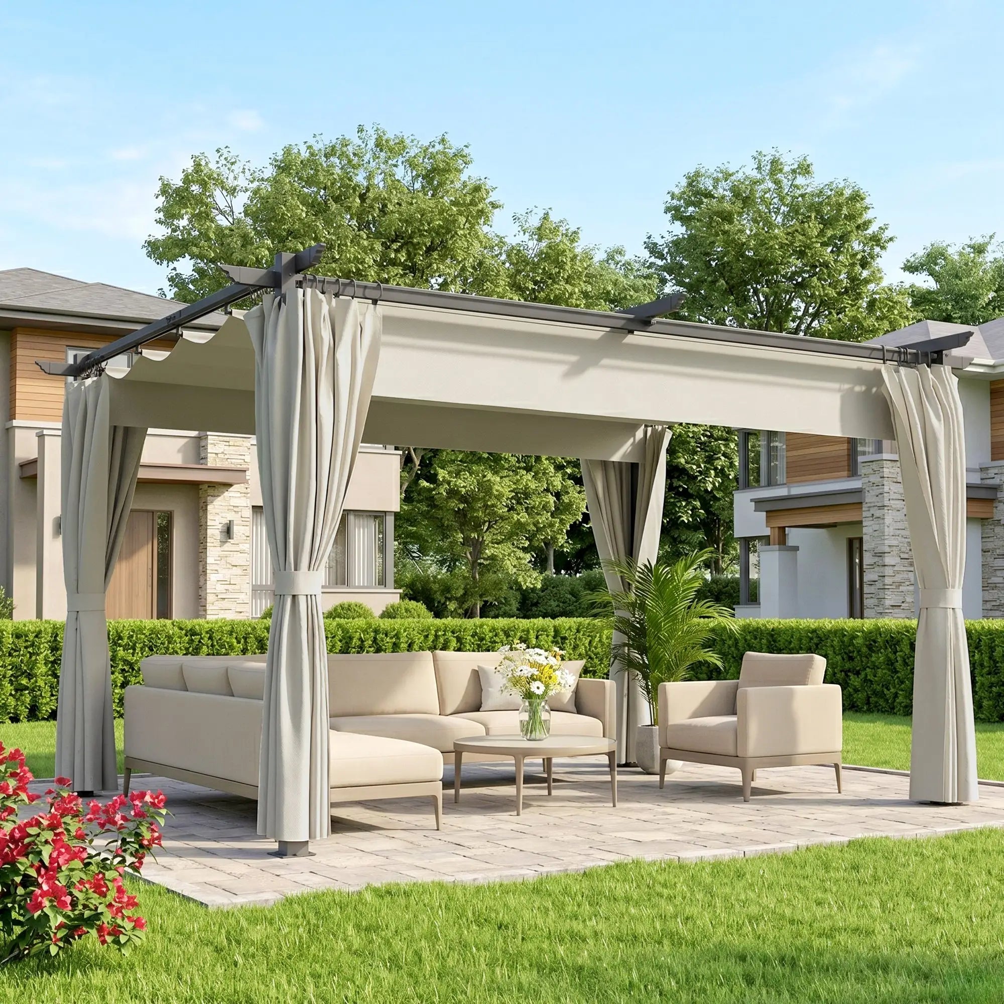 10' x 13' Pergola With Retractable Canopy, Curtains, UPF30+ Sun Shade Pergolas at Gallery Canada