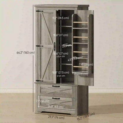 Farmhouse Kitchen Pantry Cabinet, 64" Freestanding with Drawers, Distressed Grey, Grey Kitchen Pantry Cabinets at Gallery Canada