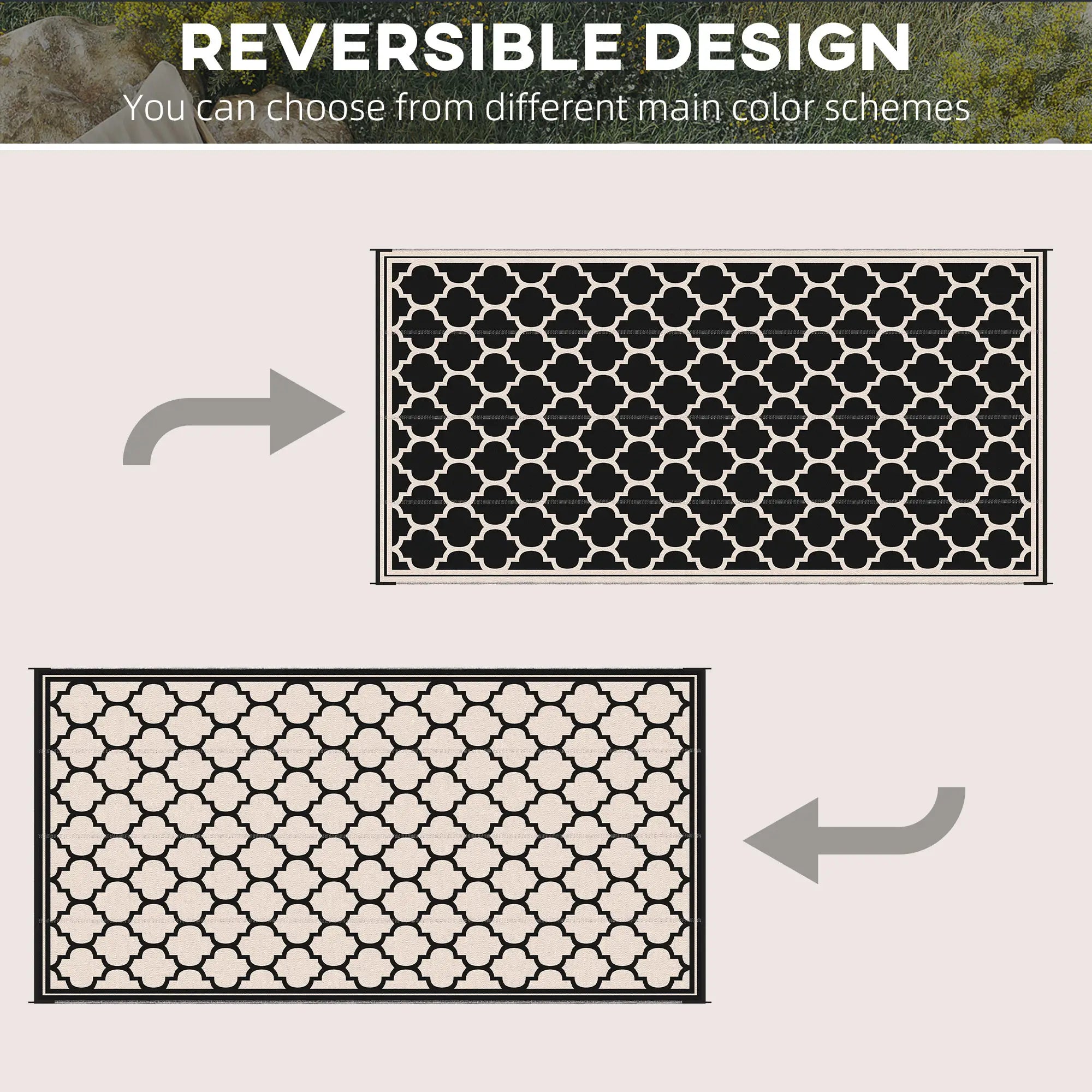 Reversible Outdoor RV Rug, 9' x 18', Patio Floor Mat, Black and Beige Outdoor Reversible Rugs at Gallery Canada