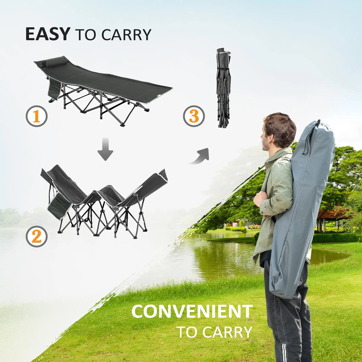 Folding Camping Cot with Mattress, Pillow, Double Layer Oxford, Carry Bag, Grey and Blue, Grey, Blue Camping Cots at Gallery Canada