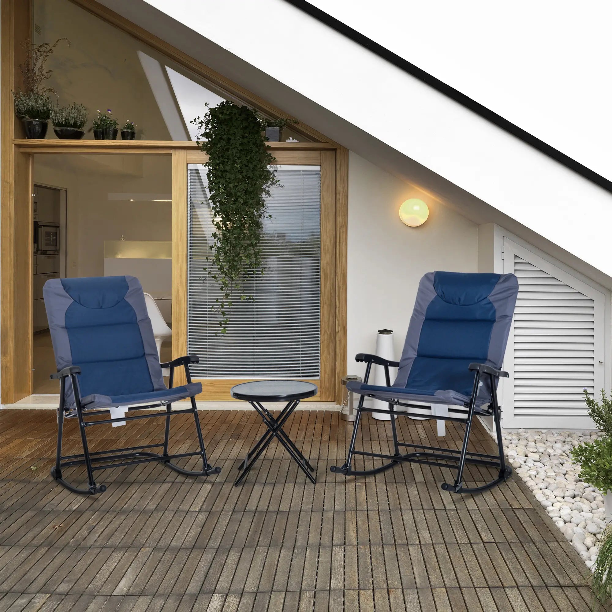 3pc Foldable Rocking Chair Set, Outdoor Bistro w/ Padded Seat, Blue Outdoor Rocking Chairs at Gallery Canada