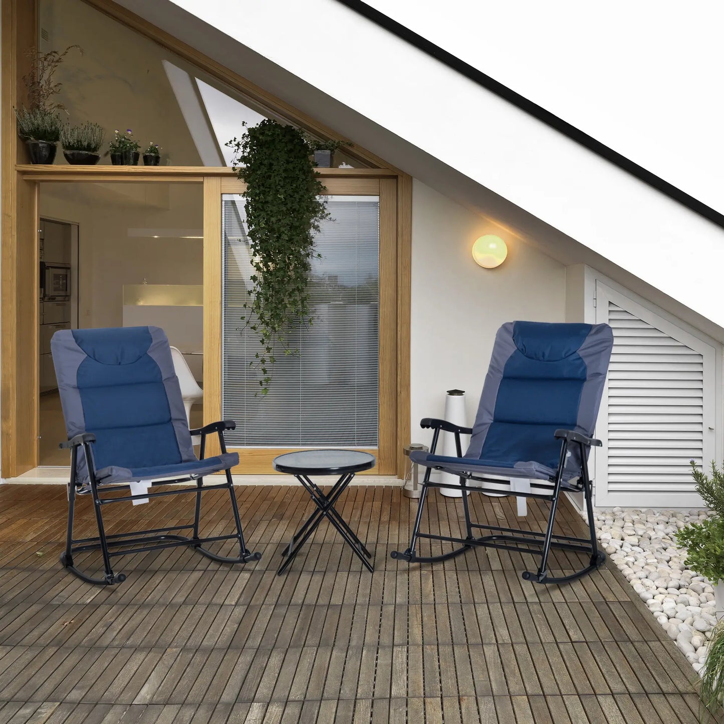 3pc Foldable Rocking Chair Set, Outdoor Bistro w/ Padded Seat, Blue Outdoor Rocking Chairs at Gallery Canada