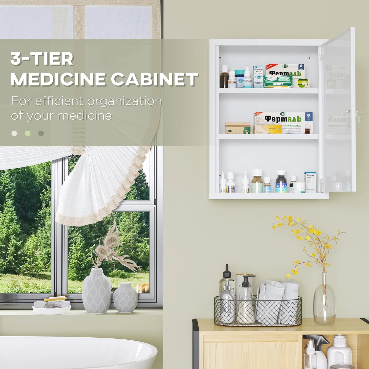 Lockable Medicine Cabinet, 3 Tier Steel Wall Box, 2 Keys, Shelves, White Mirror Medicine Cabinets at Gallery Canada