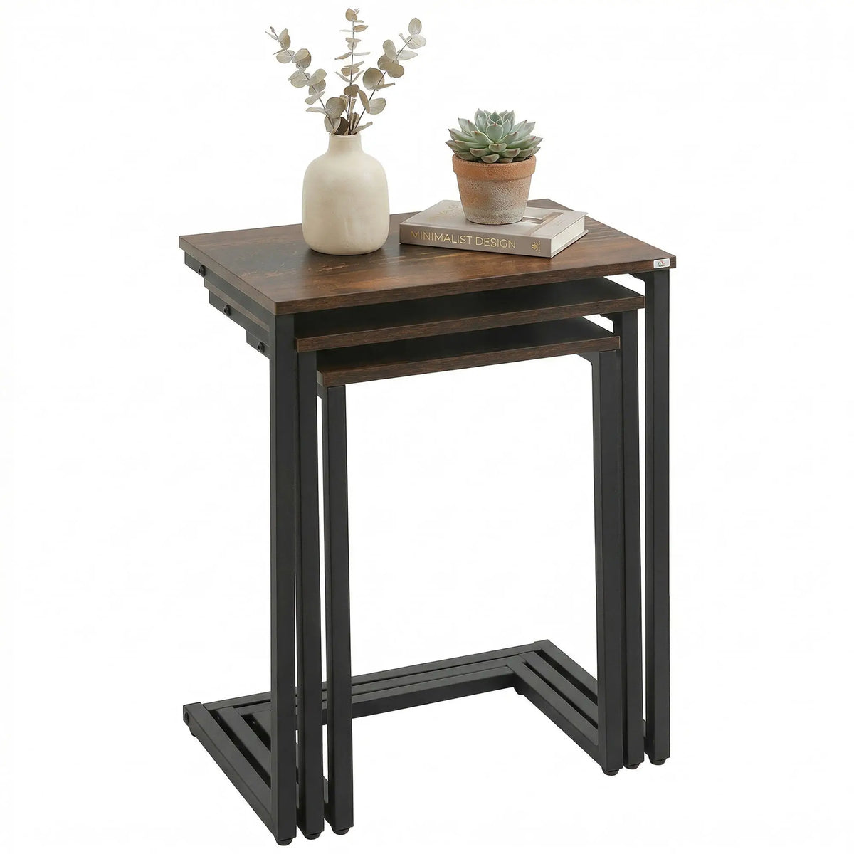 Nesting End Tables Set of 3, Industrial C-Shaped Side Table, Rustic Brown, Brown Side Tables at Gallery Canada