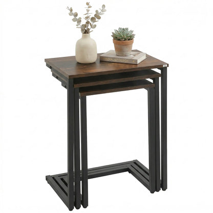 Nesting End Tables Set of 3, Industrial C-Shaped Side Table, Rustic Brown, Brown Side Tables at Gallery Canada