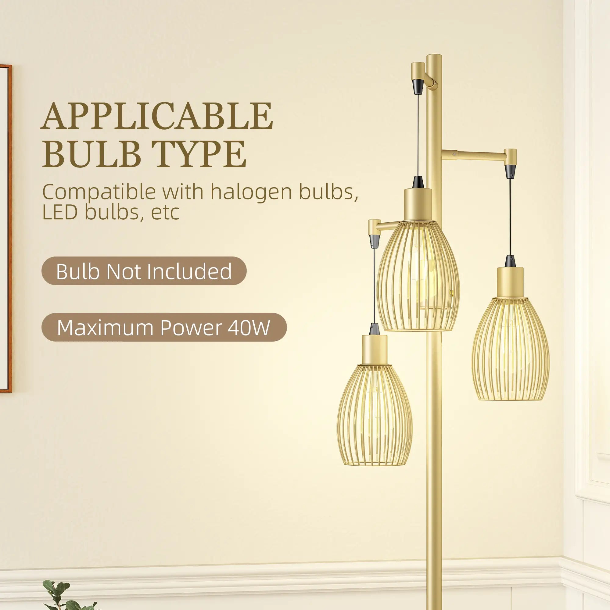 Industrial Floor Lamp, 3 Hanging Wire Lampshades, Dimmable, Gold Floor Lamps & Ceiling Fan Lights at Gallery Canada