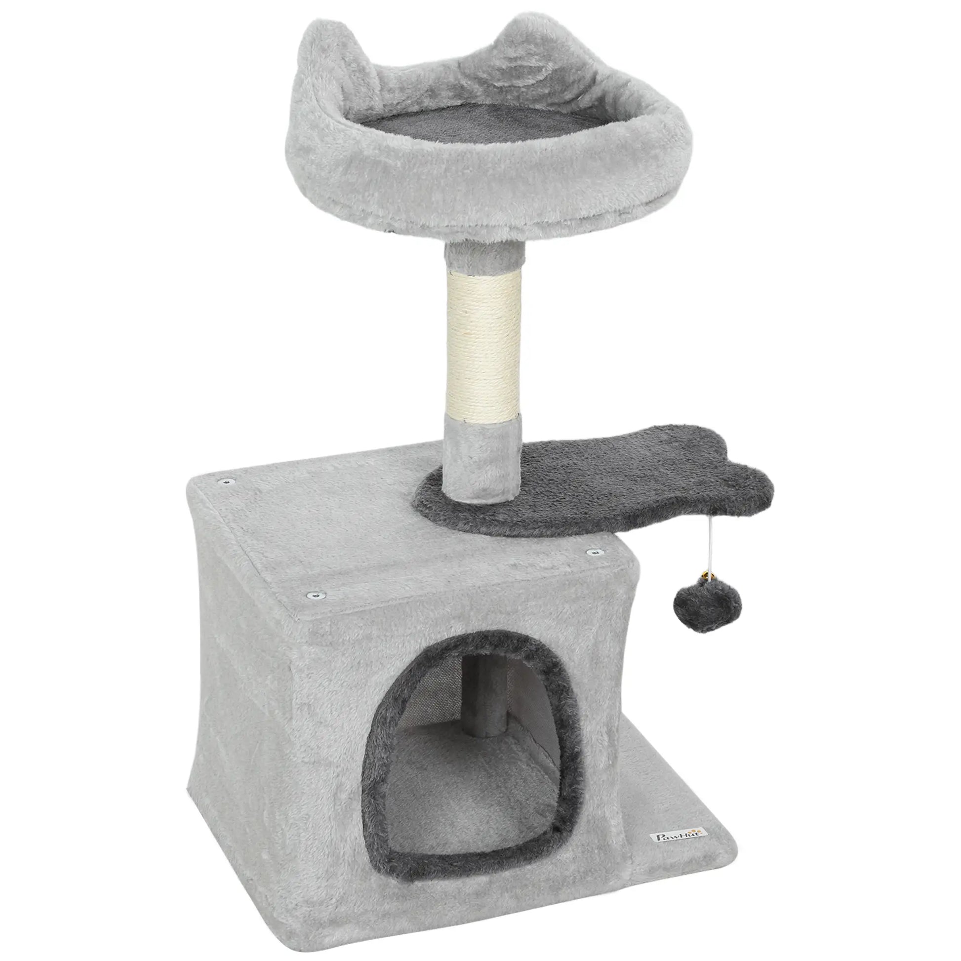 28" Cat Tree Tower with Plush Bed, Condo, Sisal Post, Perch, Ball, Light Grey Cat Posts Light Grey, Dark Grey at Gallery Canada