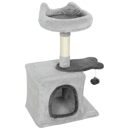 28" Cat Tree Tower with Plush Bed, Condo, Sisal Post, Perch, Ball, Light Grey Cat Posts Light Grey, Dark Grey at Gallery Canada