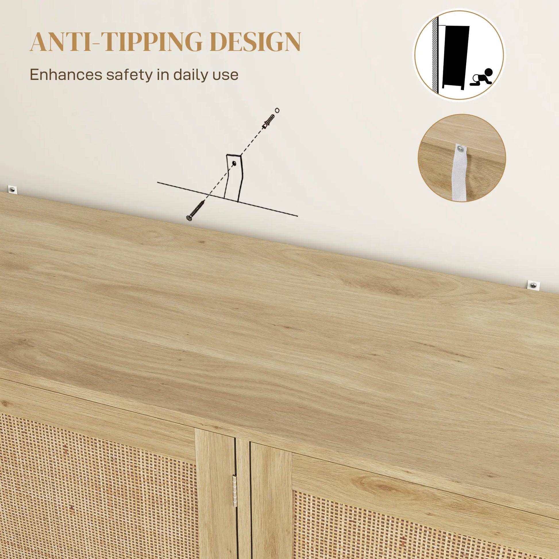 Bohemian Sideboard, 46.9" Buffet Cabinet, 3 Rattan Doors, Shelves, Oak Storage Cabinets at Gallery Canada