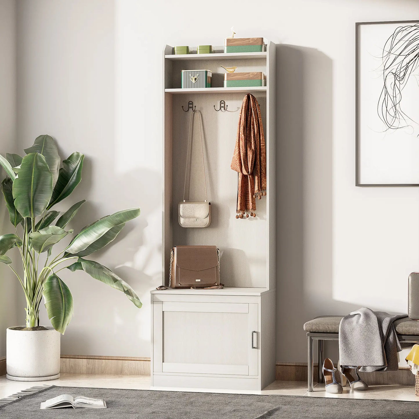 Rustic Hall Tree, Shoe Storage Bench, Coat Rack, Shelves, White Clothing Storage at Gallery Canada