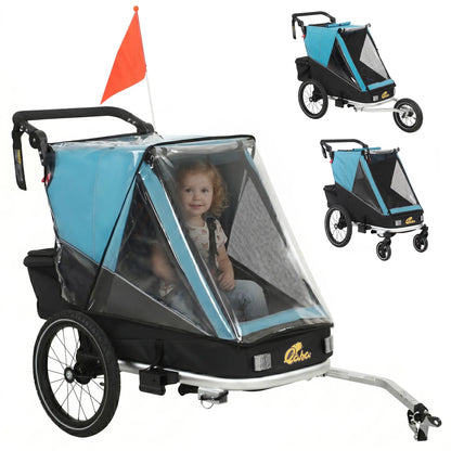 3-in-1 Bike Trailer for Kids, Baby Stroller and Jogger, Foldable Child Bicycle Trailer with Reclining Seat, Blue Kids Bike Trailers at Gallery Canada
