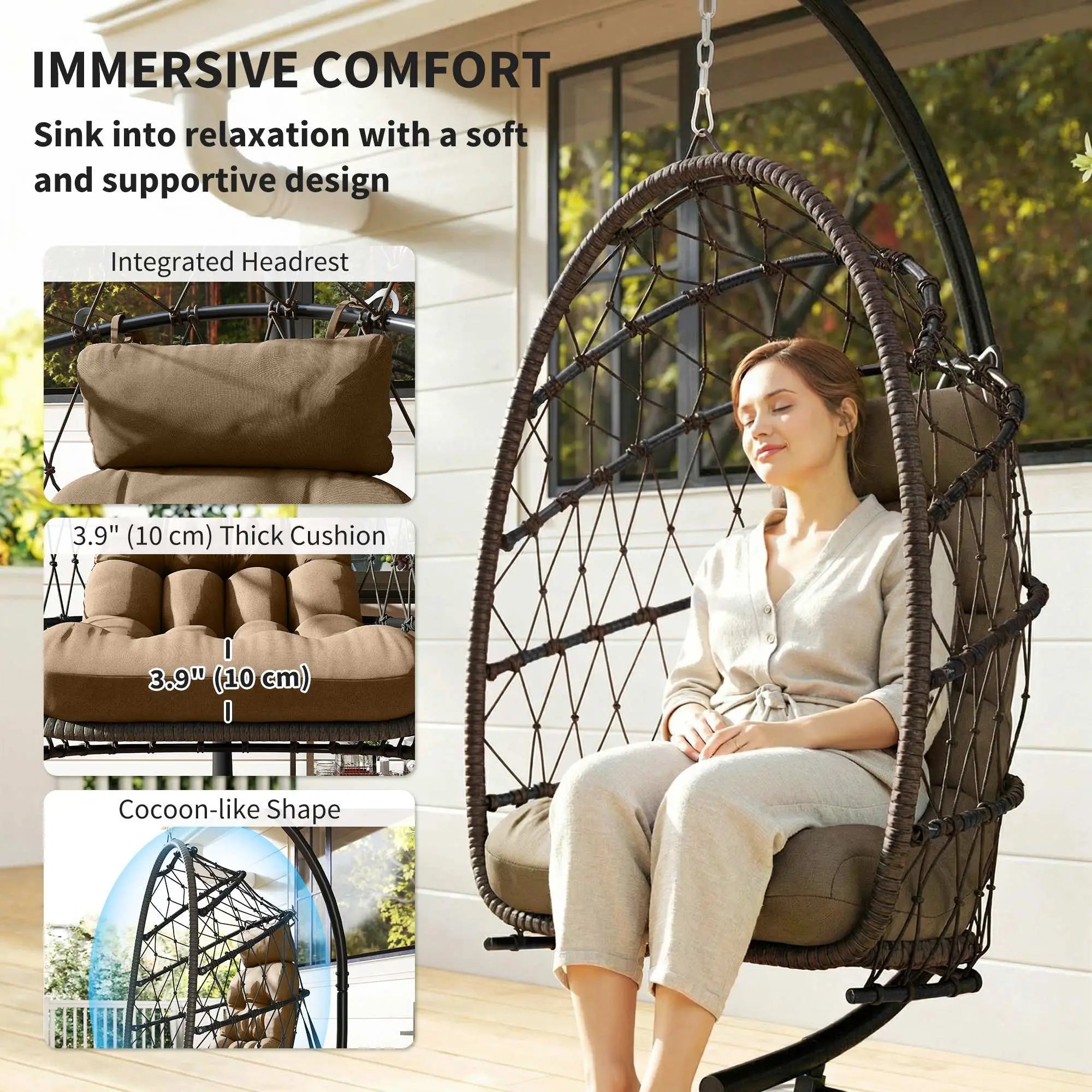 Hanging Egg Chair With Stand, Foldable Wicker Rattan Swing Chair, Brown Patio Swings with Stand at Gallery Canada