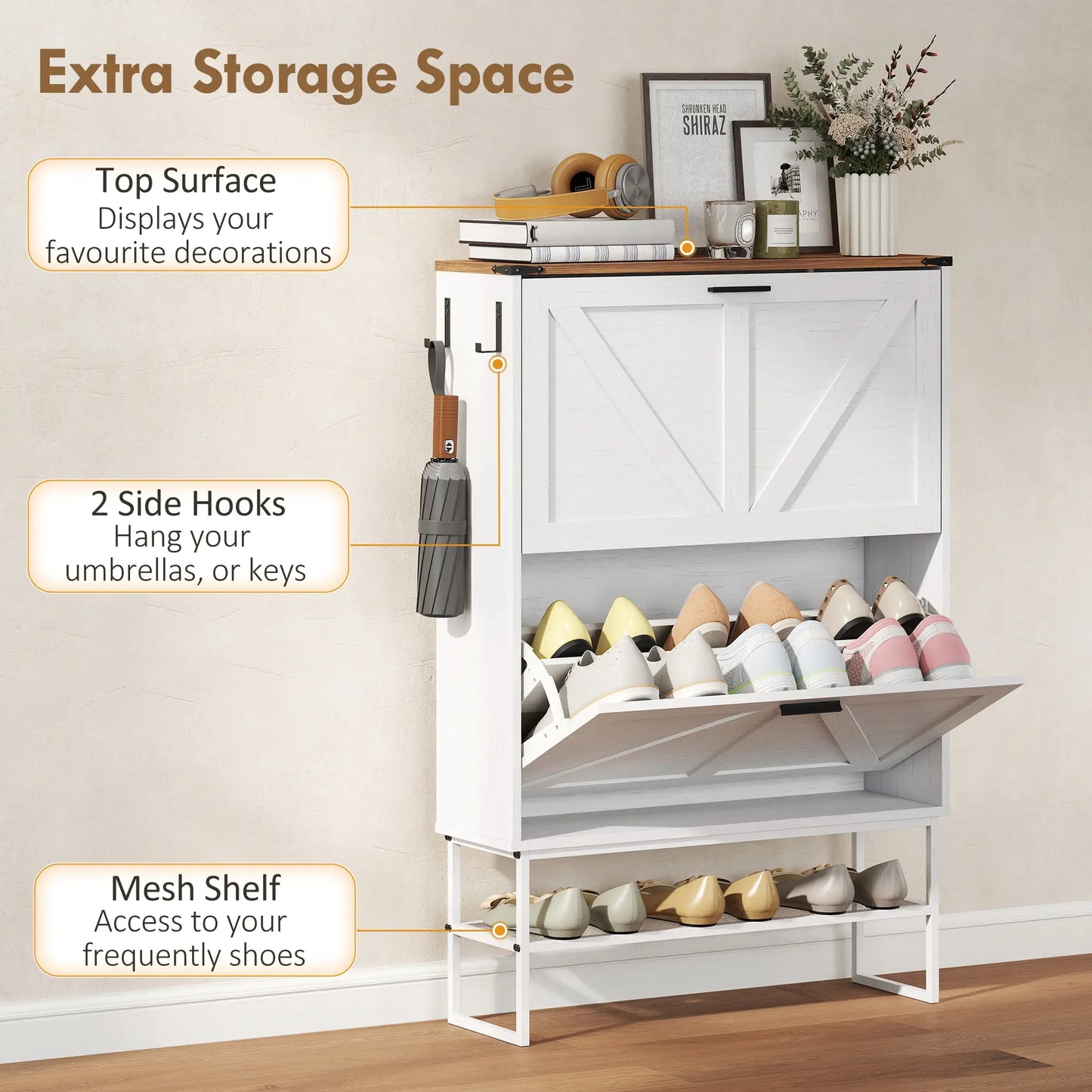 Narrow Shoe Cabinet with 2 Flip Drawers, Slim, White Wood Grain, White Shoe Storage Cabinets & Racks at Gallery Canada