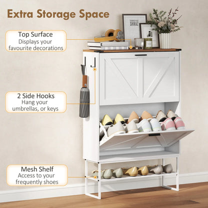 Narrow Shoe Cabinet with 2 Flip Drawers, Slim, White Wood Grain, White Shoe Storage Cabinets & Racks at Gallery Canada