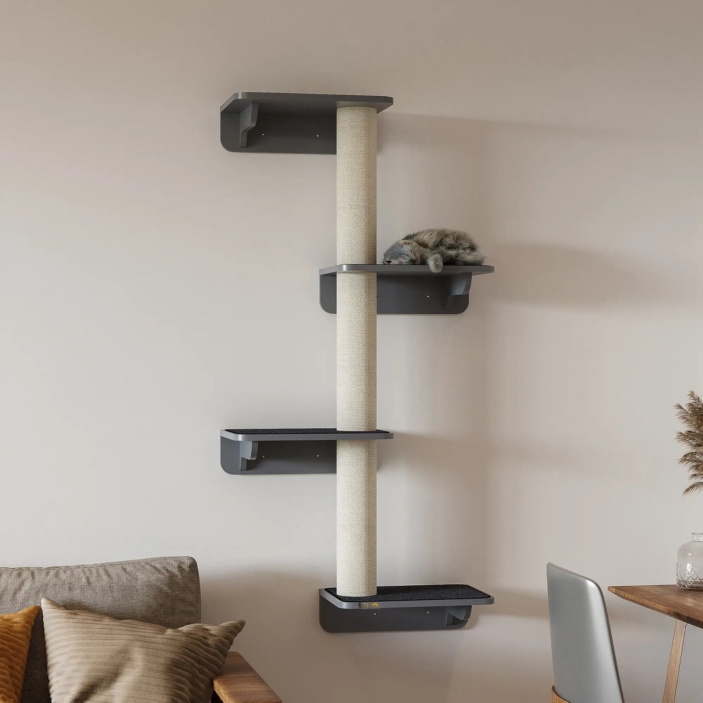 Wall-Mounted Cat Shelf, 4 Platforms, 3 Scratching Posts, Light Grey Cat Climbing Wall at Gallery Canada
