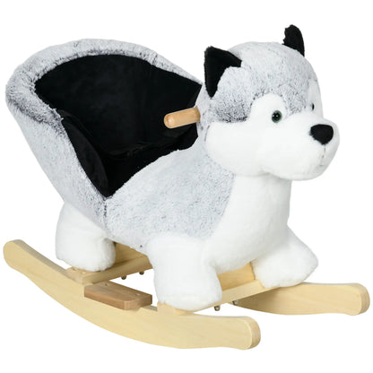 Kids Rocking Horse, Husky Plush Ride on Toy, Wooden Base, Seat Belt, 18-36 Months, Grey Rocking Horses at Gallery Canada
