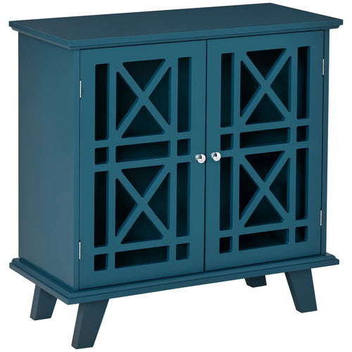 Modern Storage Cabinet with Fretwork Doors, Shelf, Blue