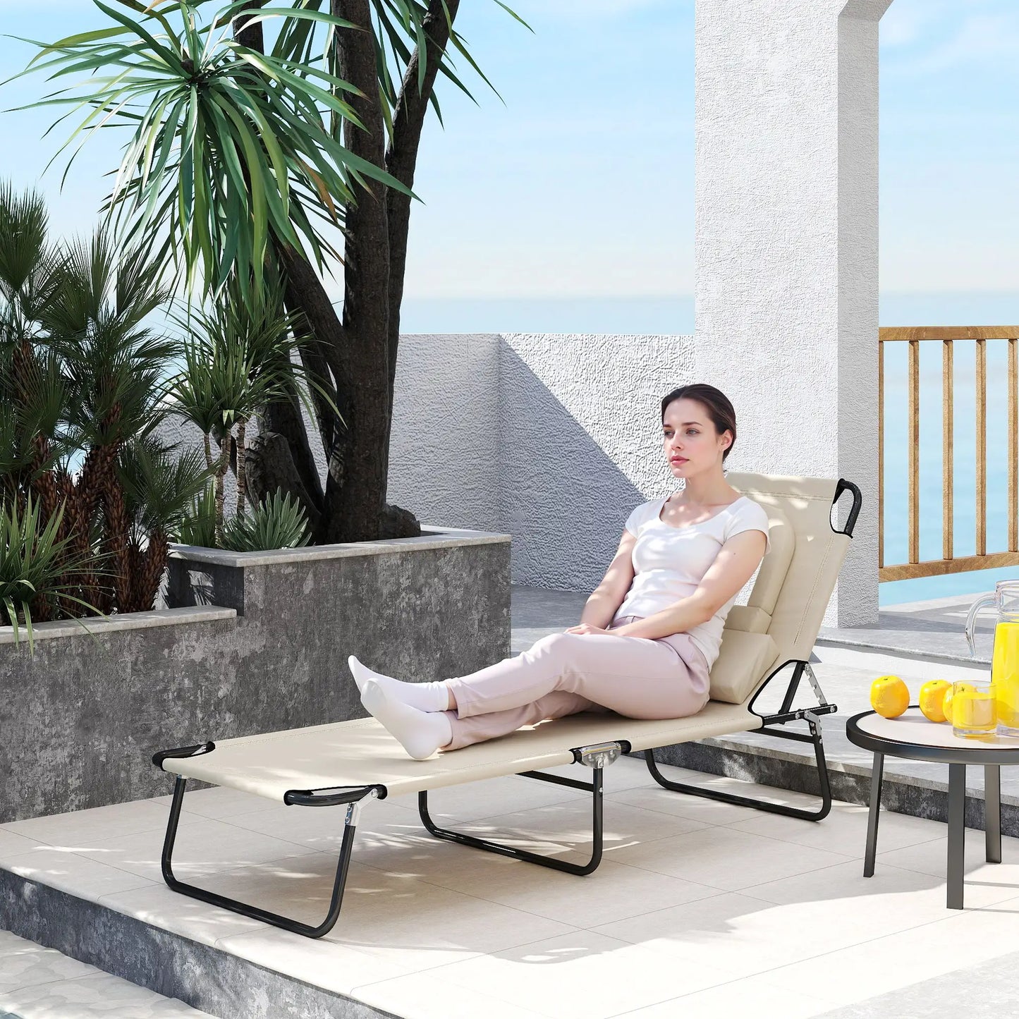 Outdoor Lounge Chair, Adjustable Backrest, Face Hole, Support Pillow, Beige Lounger Chairs at Gallery Canada