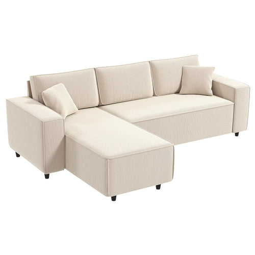 Corner Sofa, L-Shaped Sectional, Corduroy, Pocket Spring, Cream White