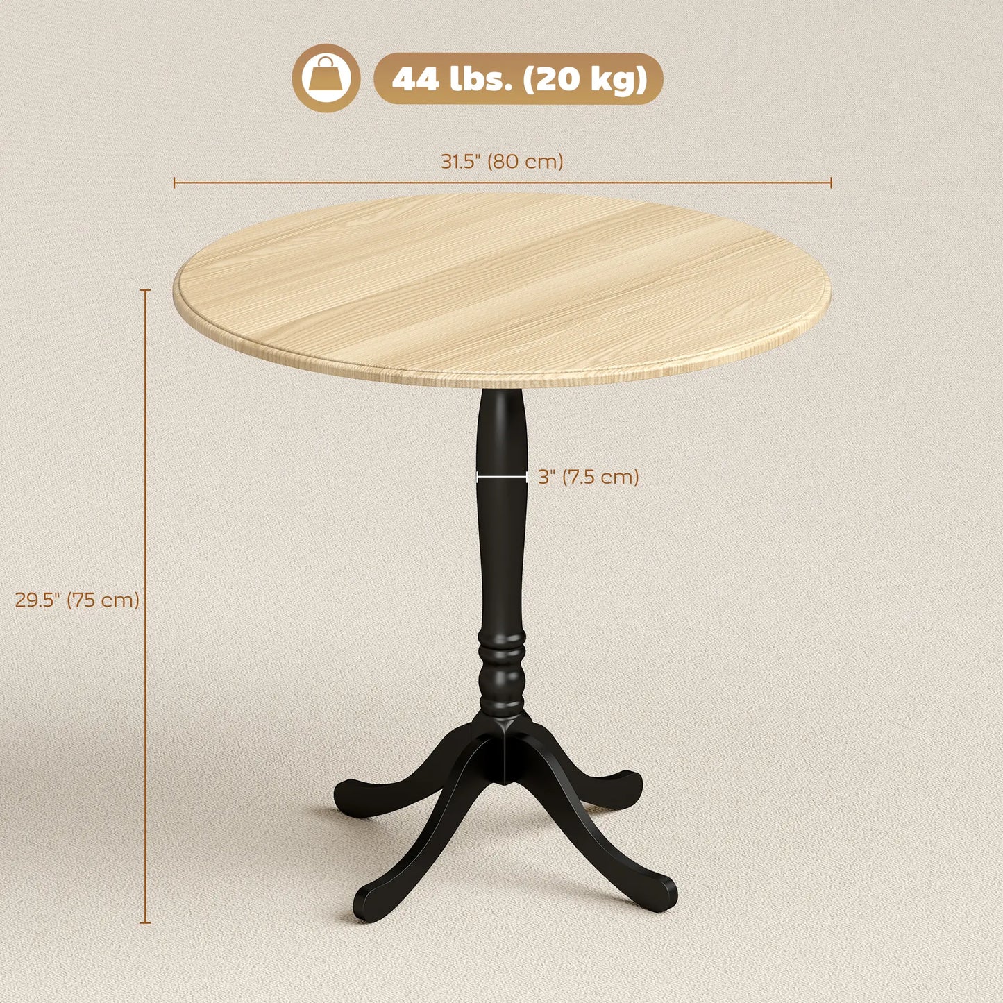 Modern Round Dining Table, 80cm, Natural Wood and Black, Black