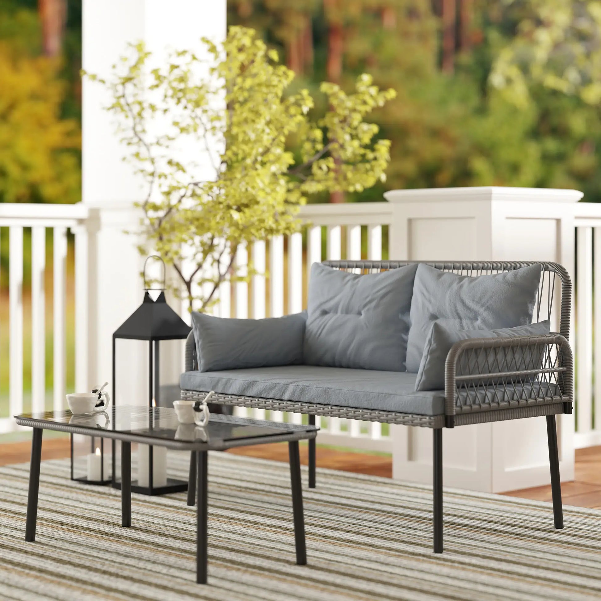 2-Piece Wicker Patio Set, Small Loveseat with Glass Table, Light Grey Patio Furniture Sets at Gallery Canada