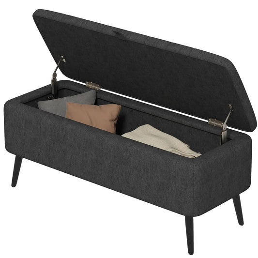 40" Ottoman with Storage, Linen Upholstered Bench, Dark Grey