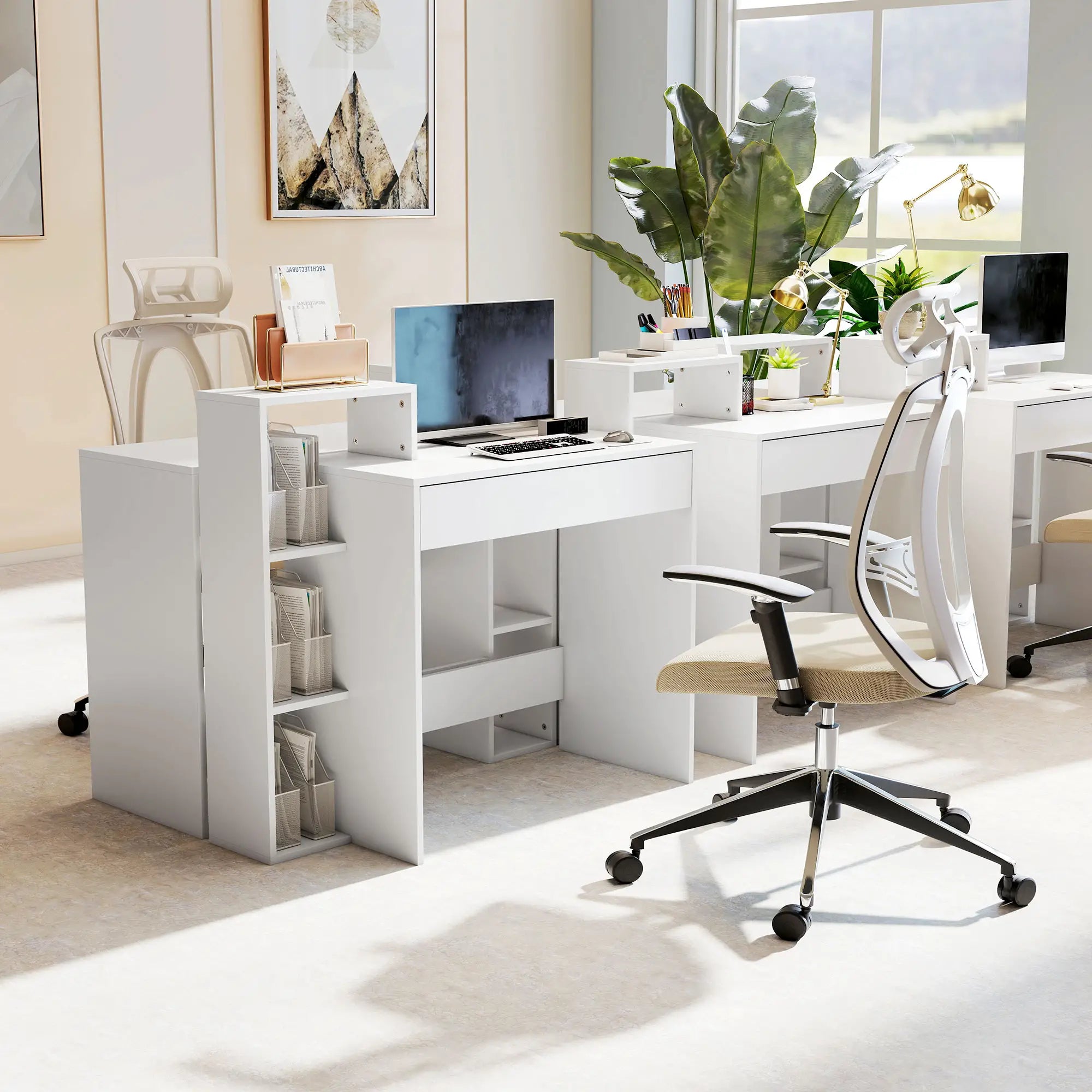 Computer Desk With Storage, 3 Open Shelves And Drawer, White Writing Desks at Gallery Canada