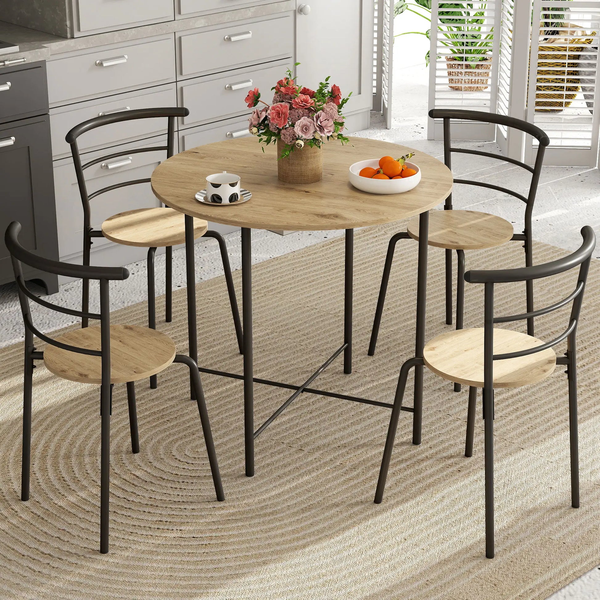 5 Piece Dining Table Set, Round for 4, Metal Frame, Natural Dining Table Sets at Gallery Canada