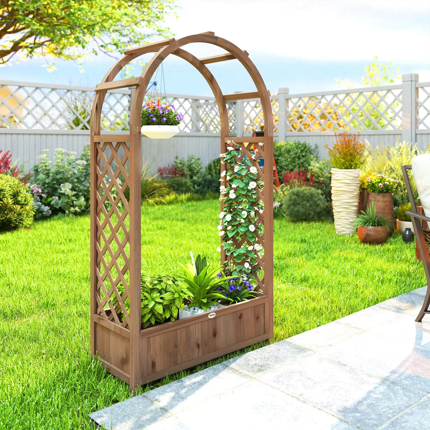 Lit de Jardin Surélevé avec Arche Treillis, Bac à Plantes, Effet Bois Brun Foncé, Brun Foncé