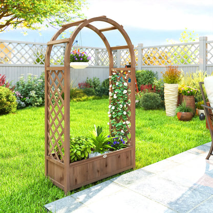 Lit de Jardin Surélevé avec Arche Treillis, Bac à Plantes, Effet Bois Brun Foncé, Brun Foncé