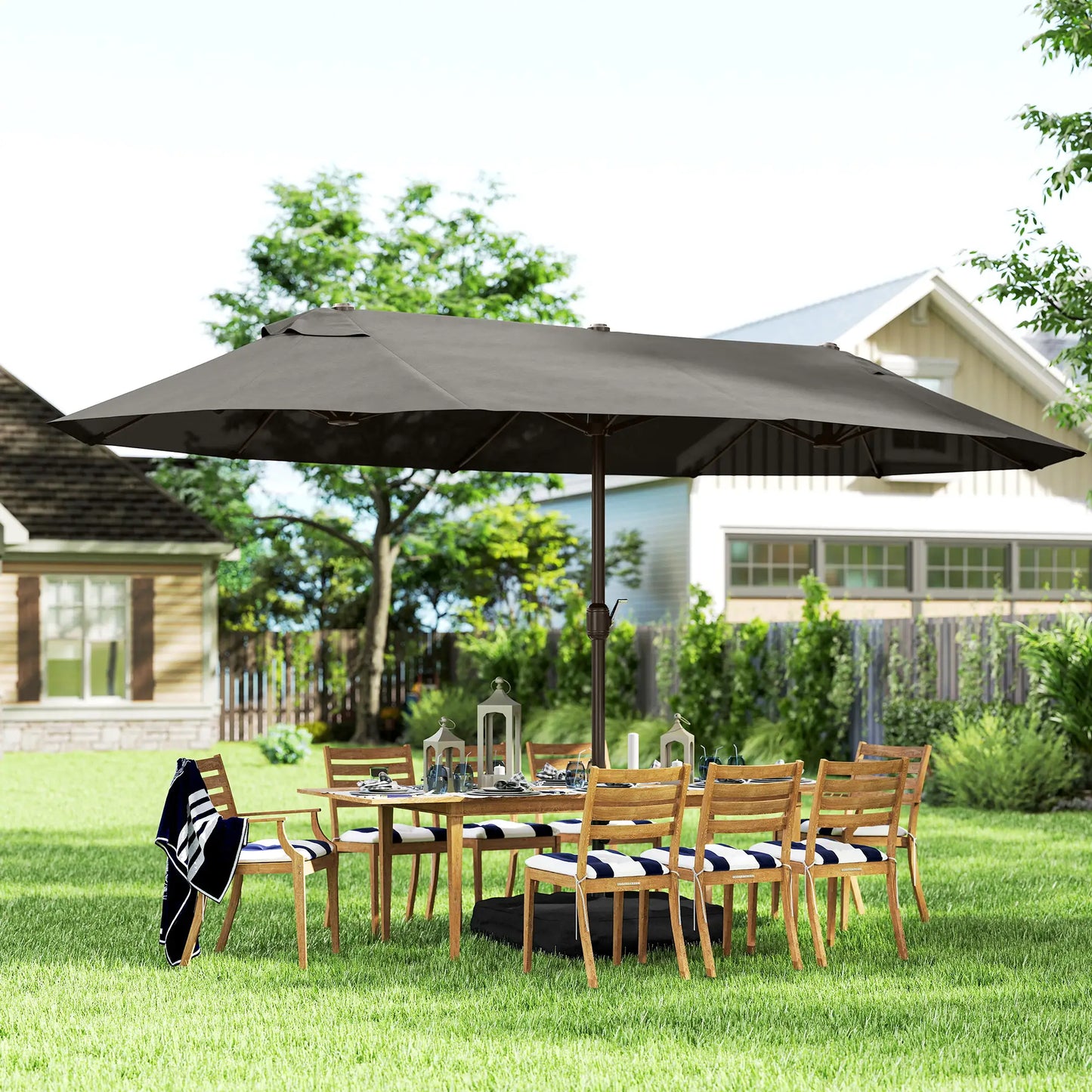 15' Outdoor Patio Umbrella, Twin Canopy Sunshade, Steel Table, Lift Crank, Dark Grey Sun Umbrellas at Gallery Canada